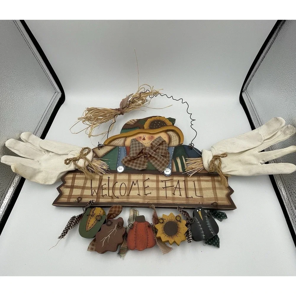 Vtg Hand Painted Wood Door Sign Scarecrow Welcome Fall Halloween Autumn Decor